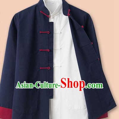 Chinese National Tang Suit Navy Linen Jacket and Shirt Traditional Martial Arts Costumes for Men