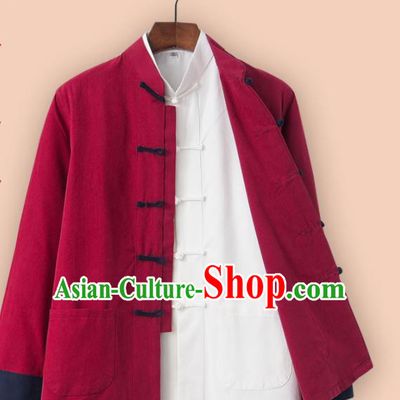 Chinese National Tang Suit Red Linen Jacket and Shirt Traditional Martial Arts Costumes for Men