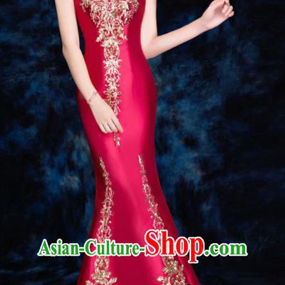 Chinese Traditional Embroidered Sequins Wine Red Qipao Dress Compere Cheongsam Costume for Women