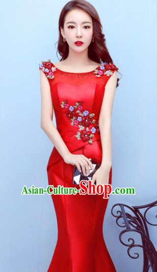 Top Compere Catwalks Red Satin Full Dress Evening Party Compere Costume for Women Top Compere Catwalks Red Satin Full Dress Evening Party Compere Costume for Women