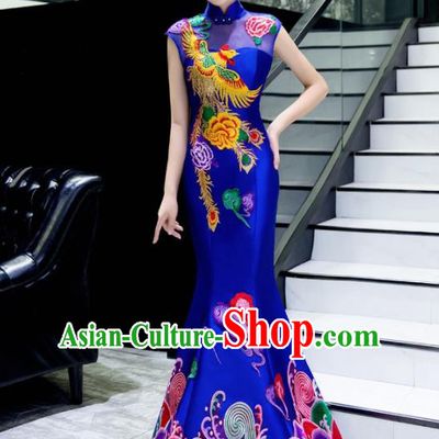 Chinese Traditional Embroidered Phoenix Peony Royalblue Qipao Dress Compere Cheongsam Costume for Women
