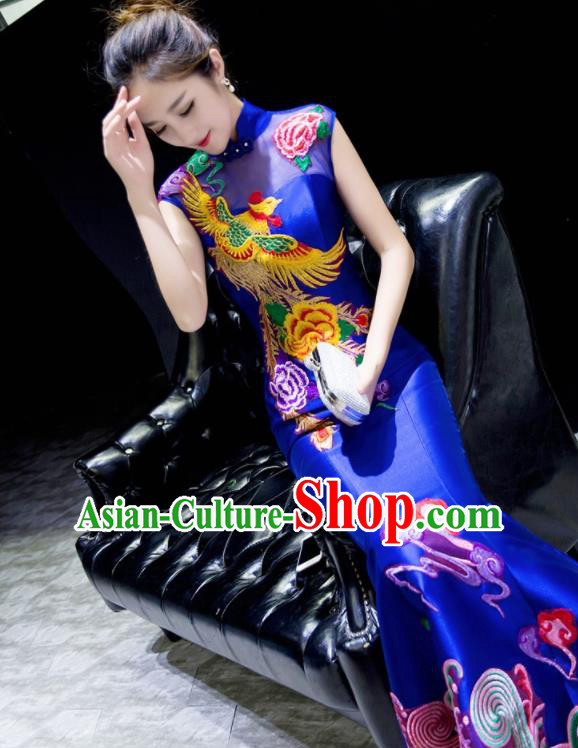 Chinese Traditional Embroidered Phoenix Peony Royalblue Qipao Dress Compere Cheongsam Costume for Women Chinese Traditional Embroidered Phoenix Peony Royalblue Qipao Dress Compere Cheongsam Costume for Women