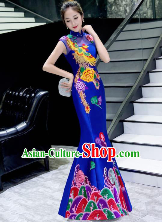 Chinese Traditional Embroidered Phoenix Peony Royalblue Qipao Dress Compere Cheongsam Costume for Women Chinese Traditional Embroidered Phoenix Peony Royalblue Qipao Dress Compere Cheongsam Costume for Women