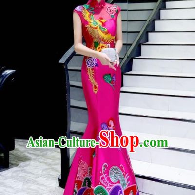Chinese Traditional Embroidered Phoenix Peony Rosy Qipao Dress Compere Cheongsam Costume for Women