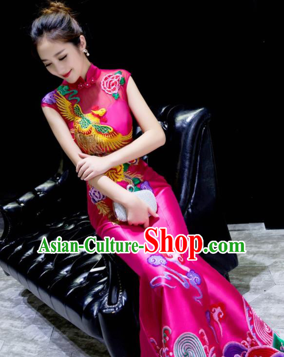 Chinese Traditional Embroidered Phoenix Peony Rosy Qipao Dress Compere Cheongsam Costume for Women Chinese Traditional Embroidered Phoenix Peony Rosy Qipao Dress Compere Cheongsam Costume for Women