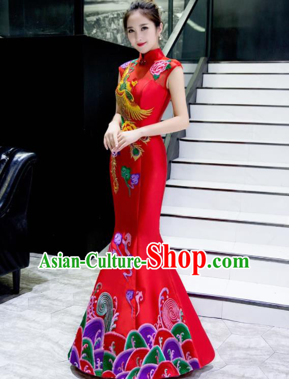 Chinese Traditional Embroidered Phoenix Peony Red Qipao Dress Compere Cheongsam Costume for Women Chinese Traditional Embroidered Phoenix Peony Red Qipao Dress Compere Cheongsam Costume for Women