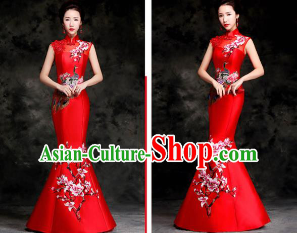 Chinese Traditional Embroidered Peacock Mangnolia Red Qipao Dress Compere Cheongsam Costume for Women Chinese Traditional Embroidered Peacock Mangnolia Red Qipao Dress Compere Cheongsam Costume for Women