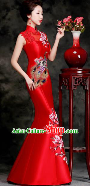 Chinese Traditional Embroidered Peacock Mangnolia Red Qipao Dress Compere Cheongsam Costume for Women Chinese Traditional Embroidered Peacock Mangnolia Red Qipao Dress Compere Cheongsam Costume for Women