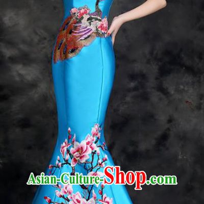 Chinese Traditional Embroidered Peacock Mangnolia Blue Qipao Dress Compere Cheongsam Costume for Women