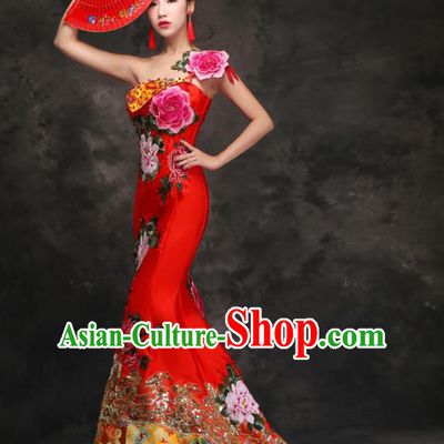 Chinese Traditional Embroidered Peony Red Trailing Qipao Dress Compere Cheongsam Costume for Women