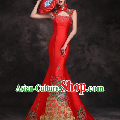 Chinese Traditional Embroidered Peony Diamante Red Qipao Dress Compere Cheongsam Costume for Women