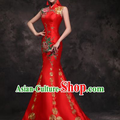 Chinese Traditional Wedding Embroidered Peony Red Qipao Dress Compere Cheongsam Costume for Women