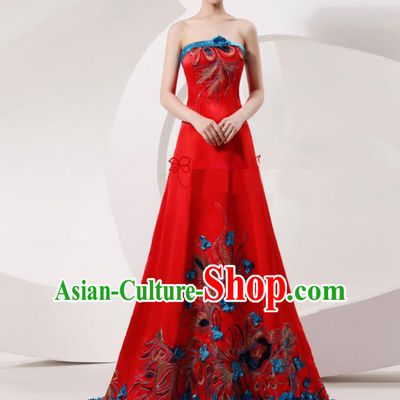 Chinese Traditional Wedding Bride Red Full Dress Compere Cheongsam Costume for Women