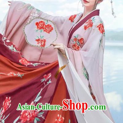 Chinese Jin Dynasty Court Princess Wine Red Embroidered Dress Traditional Ancient Flowers Goddess Costumes for Women