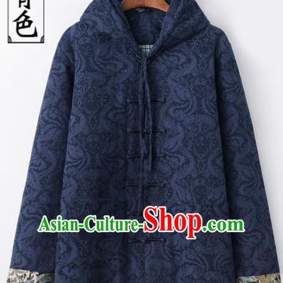 Chinese National Tang Suit Navy Hooded Cotton Wadded Jacket Traditional Martial Arts Costumes for Men