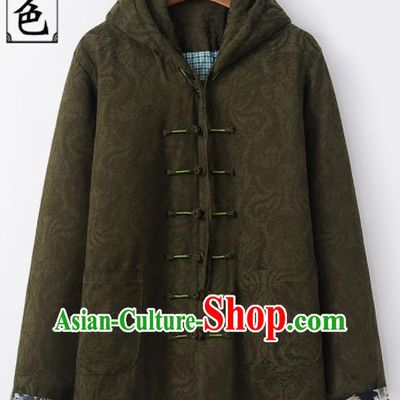Chinese National Tang Suit Army Green Hooded Cotton Wadded Jacket Traditional Martial Arts Costumes for Men