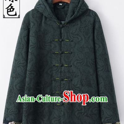 Chinese National Tang Suit Atrovirens Hooded Cotton Wadded Jacket Traditional Martial Arts Costumes for Men