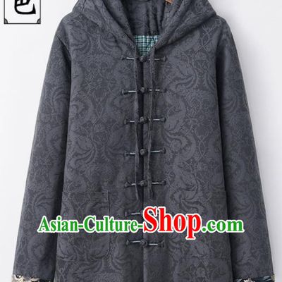 Chinese National Tang Suit Grey Hooded Cotton Wadded Jacket Traditional Martial Arts Costumes for Men