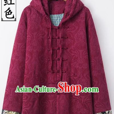 Chinese National Tang Suit Purplish Red Hooded Cotton Wadded Jacket Traditional Martial Arts Costumes for Men