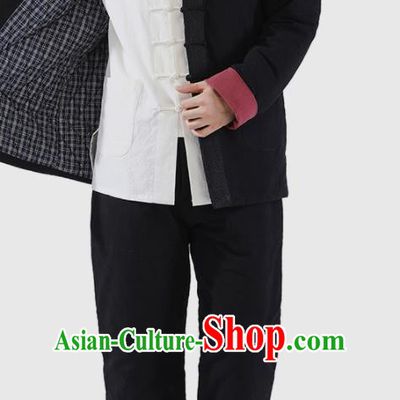Chinese National Black Cotton Wadded Jacket and Pants Traditional Tang Suit Martial Arts Costumes Complete Set for Men