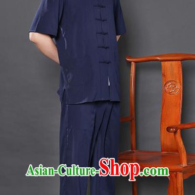 Chinese National Navy Shirt and Pants Traditional Tang Suit Martial Arts Costumes Complete Set for Men
