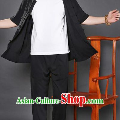 Chinese National Black Shirt and Pants Traditional Tang Suit Martial Arts Costumes Complete Set for Men