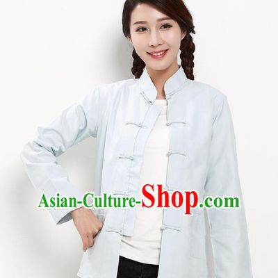 Chinese National Tang Suit Light Blue Blouse Traditional Martial Arts Shirt Costumes for Women