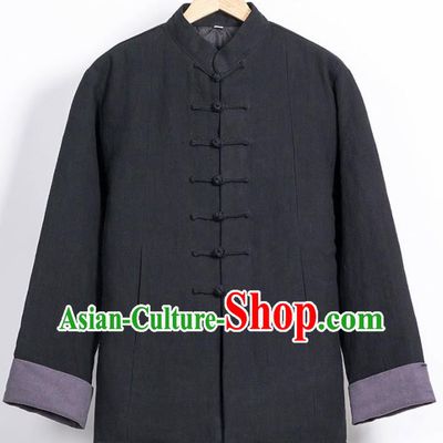 Chinese National Tang Suit Black Cotton Wadded Jacket Traditional Martial Arts Overcoat Costumes for Men