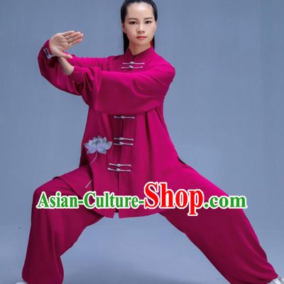 Chinese Traditional Kung Fu Embroidered Lotus Rosy Garment Outfits Martial Arts Stage Show Costumes for Women