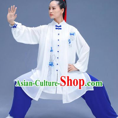 Chinese Traditional Kung Fu Embroidered Blue Peony Garment Outfits Martial Arts Stage Show Costumes for Women