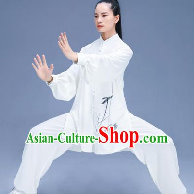 Chinese Traditional Kung Fu Ink Painting Lotus White Garment Outfits Martial Arts Stage Show Costumes for Women
