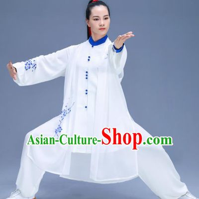 Chinese Traditional Kung Fu Training Printing Plum Blossom White Garment Outfits Martial Arts Stage Show Costumes for Women
