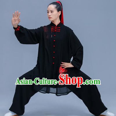 Chinese Traditional Kung Fu Training Embroidered Peony Black Garment Outfits Martial Arts Stage Show Costumes for Women