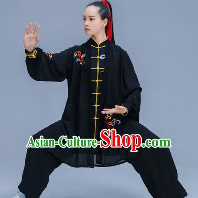 Chinese Traditional Kung Fu Training Embroidered Cloud Black Garment Outfits Martial Arts Stage Show Costumes for Women