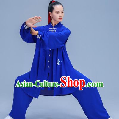 Chinese Traditional Kung Fu Training Printing Butterfly Royalblue Garment Outfits Martial Arts Stage Show Costumes for Women