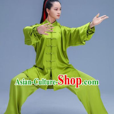 Chinese Traditional Kung Fu Training Green Silk Garment Outfits Martial Arts Stage Show Costumes for Women
