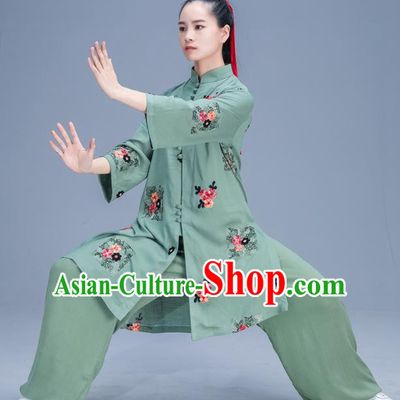 Chinese Traditional Kung Fu Tai Chi Training Printing Green Garment Outfits Martial Arts Stage Show Costumes for Women