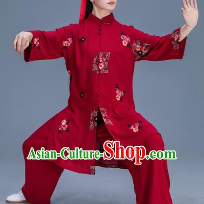 Chinese Traditional Kung Fu Tai Chi Training Printing Wine Red Garment Outfits Martial Arts Stage Show Costumes for Women