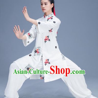 Chinese Traditional Kung Fu Tai Chi Training Printing White Garment Outfits Martial Arts Stage Show Costumes for Women