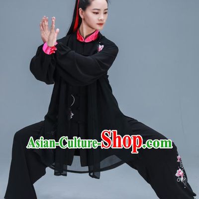 Chinese Traditional Kung Fu Tai Chi Training Embroidered Peony Black Garment Outfits Martial Arts Stage Show Costumes for Women