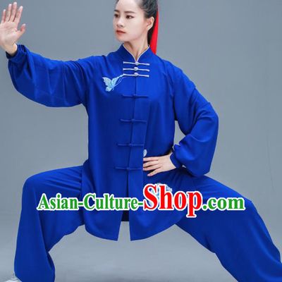 Chinese Traditional Kung Fu Tai Chi Training Embroidered Peony Royalblue Garment Outfits Martial Arts Stage Show Costumes for Women