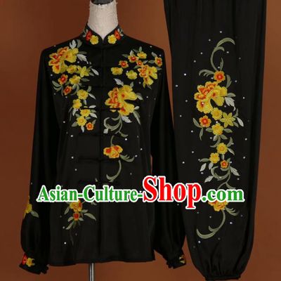 Chinese Tai Chi Embroidered Peony Black Garment Outfits Traditional Kung Fu Martial Arts Training Costumes for Women