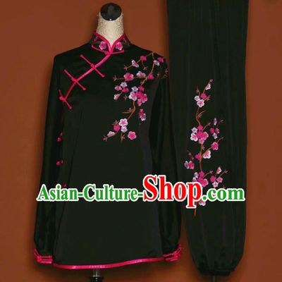 Chinese Tai Chi Embroidered Plum Black Garment Outfits Traditional Kung Fu Martial Arts Training Costumes for Women