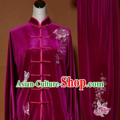 Chinese Tai Chi Embroidered Peony Butterfly Rosy Velvet Garment Outfits Traditional Kung Fu Martial Arts Training Costumes for Adult