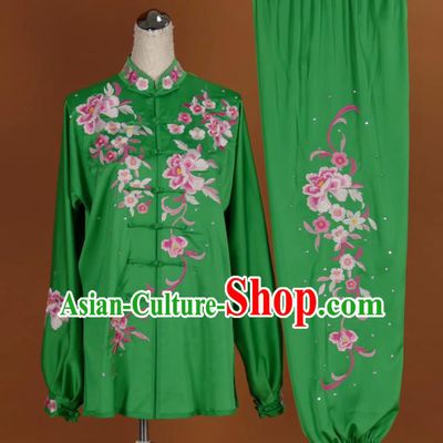 Chinese Tai Chi Embroidered Peony Green Garment Outfits Traditional Kung Fu Martial Arts Training Costumes for Women
