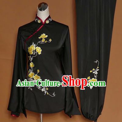 Chinese Tai Chi Embroidered Peony Black Silk Garment Outfits Traditional Kung Fu Martial Arts Training Costumes for Women