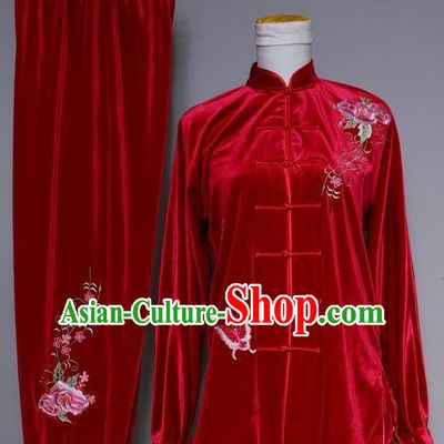 Chinese Tai Chi Embroidered Peony Butterfly Red Velvet Garment Outfits Traditional Kung Fu Martial Arts Training Costumes for Adult