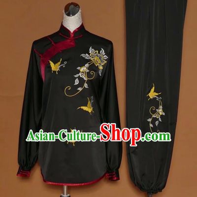 Chinese Tai Chi Embroidered Peony Butterfly Black Silk Garment Outfits Traditional Kung Fu Martial Arts Training Costumes for Women