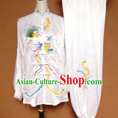 Chinese Tai Chi Embroidered Phoenix White Silk Garment Outfits Traditional Kung Fu Martial Arts Training Costumes for Women