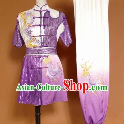Chinese Tai Chi Changquan Purple Garment Outfits Traditional Kung Fu Martial Arts Training Costumes for Adult